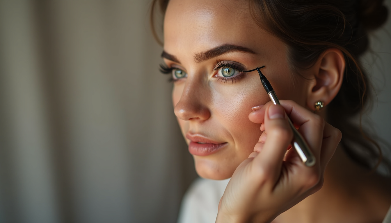 Femeie cu ochi conturați perfect de micropigmentare eyeliner, zâmbind, arătând încredere