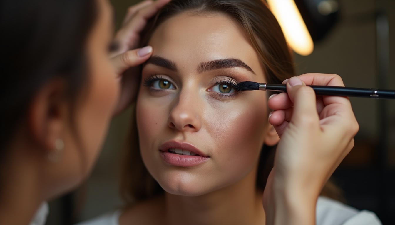 Model cu sprancene powder perfect conturate în 2026, cu aspect natural și definit.