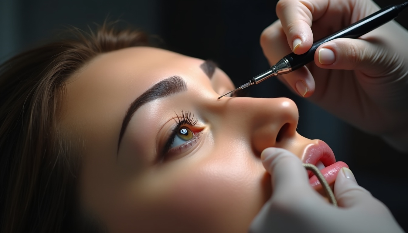 Femeie zâmbind după tatuaje sprancene perfecte, evidențiind pretul și calitatea investiției